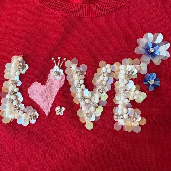 Talbots Womens Pullover Sweater Love Sequin Beaded Valentines Red Size L - Picture 5 of 12